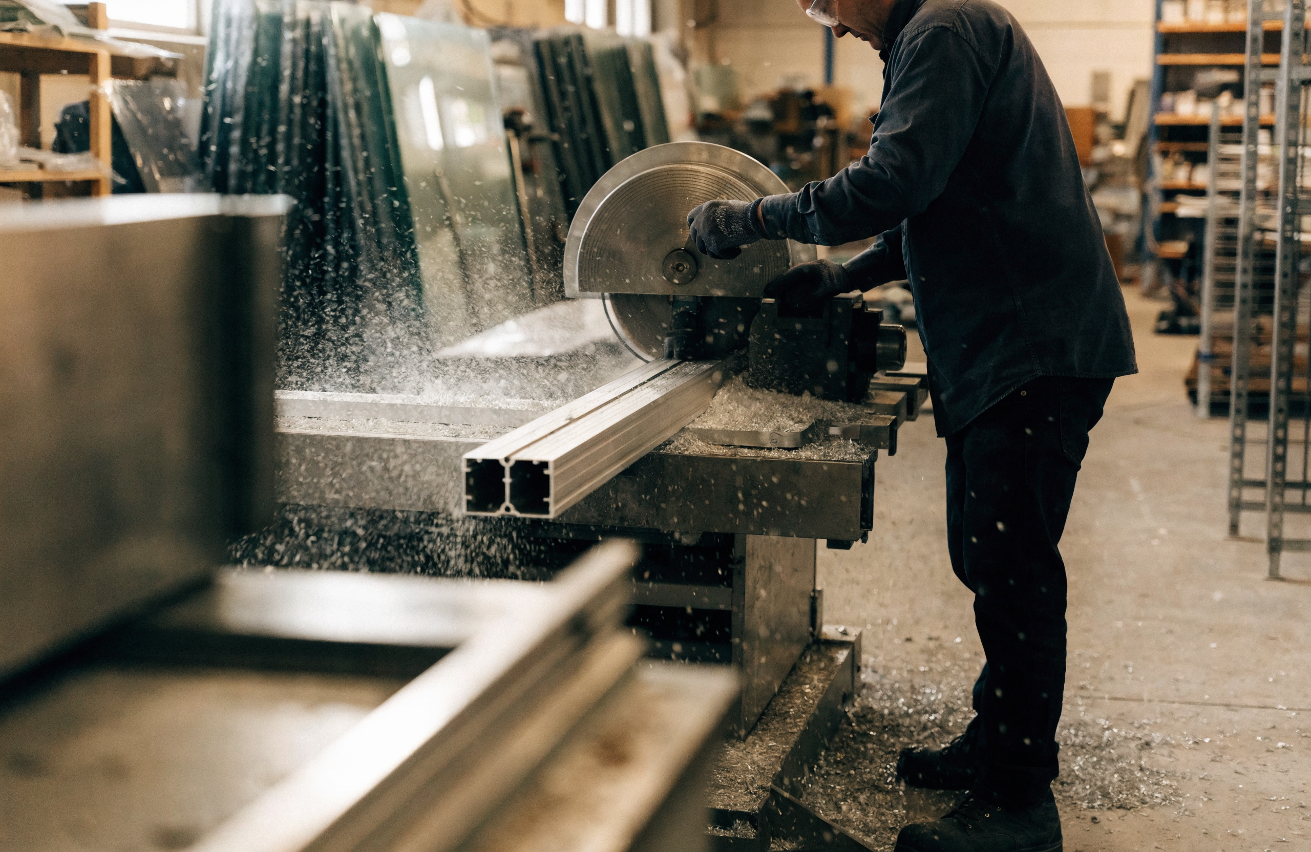 Fabricator cutting aluminum extrusion on an industrial saw in a glazing fabrication shop