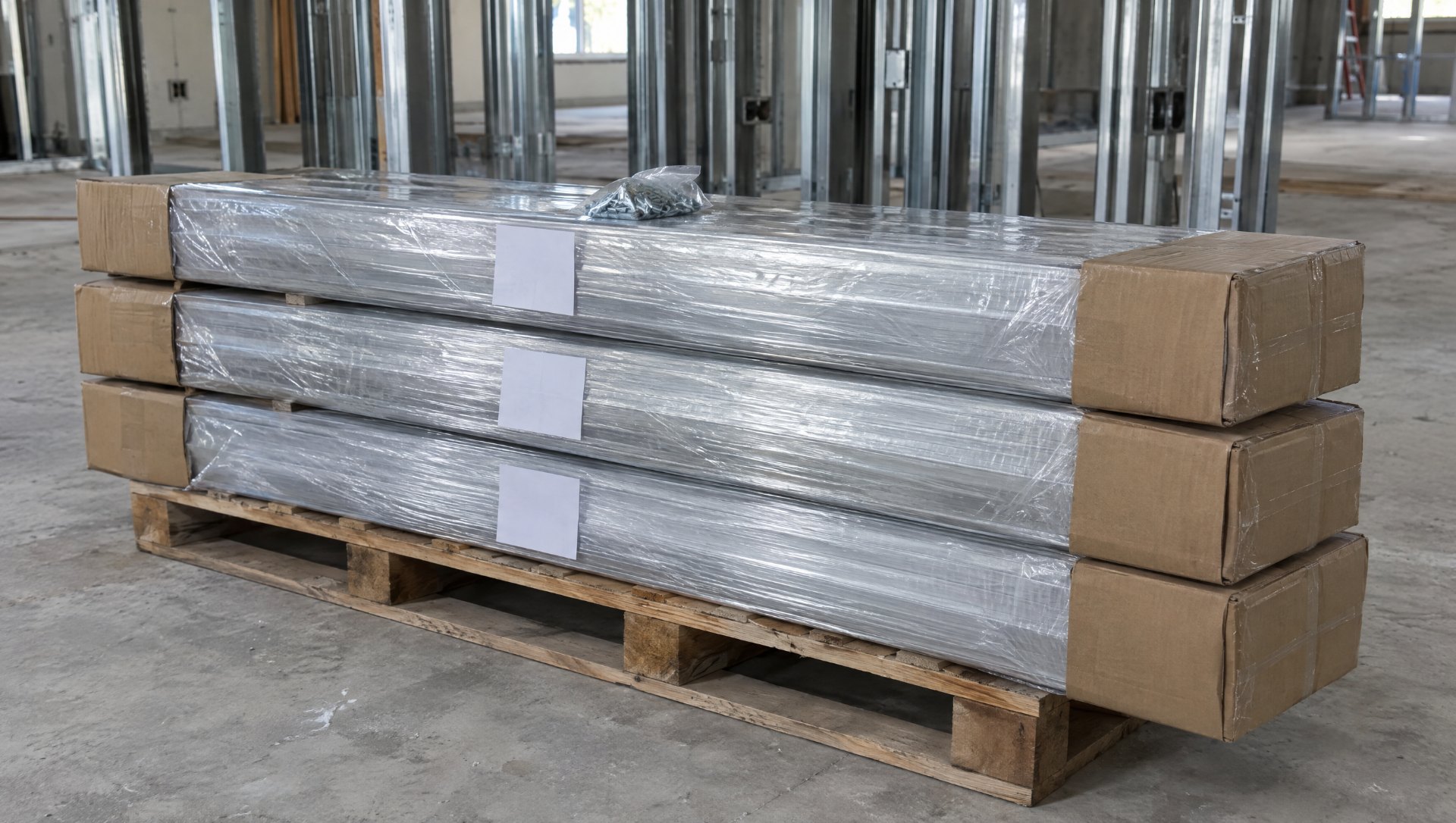 Knocked down aluminum storefront package on a jobsite pallet, three wrapped bundles with cardboard end caps and tags, ready for field assembly before storefront installation