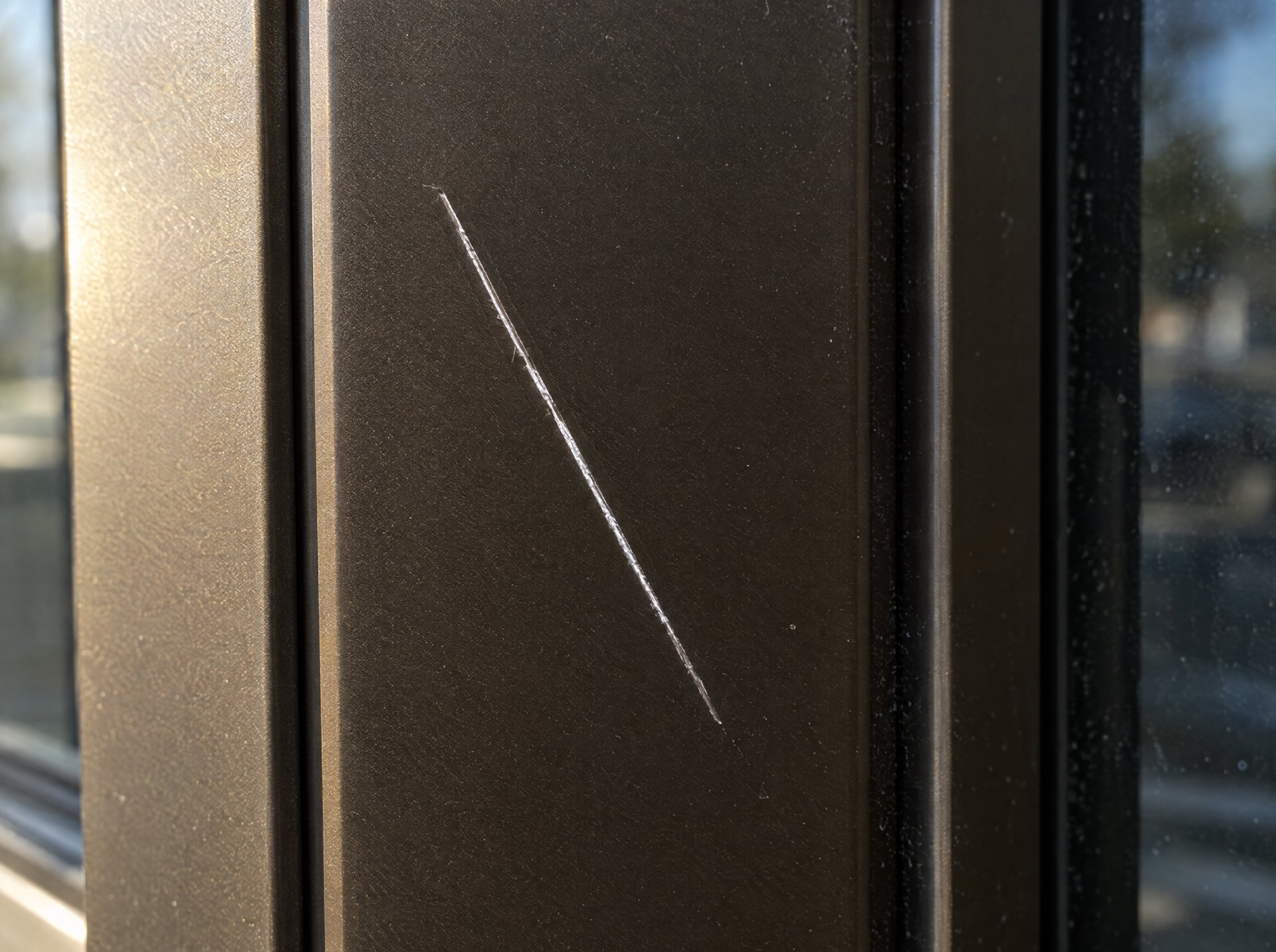 Anodized aluminum scratch cut through the dark bronze finish showing bright bare metal, a candidate for anodized aluminum scratch repair or replacement