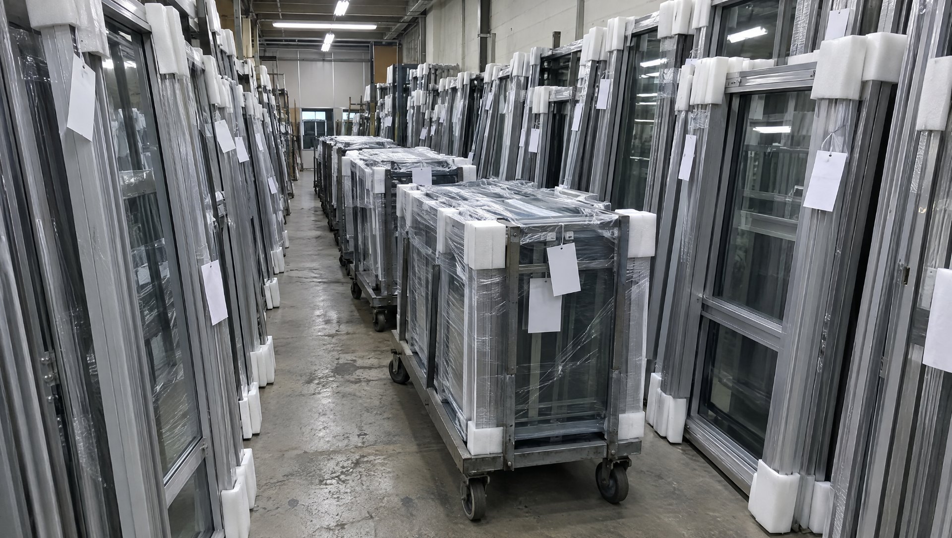 Glazing fabrication shop at capacity, wrapped frames three deep on both walls and loaded carts in the aisle, the condition capacity planning is meant to catch early