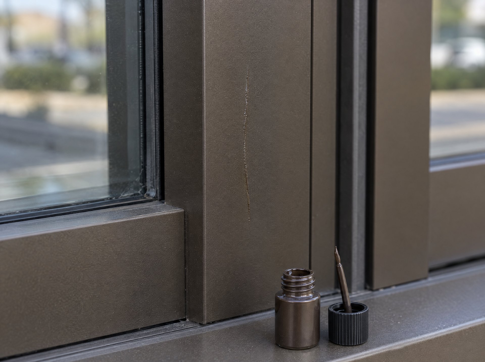 Anodized aluminum touch up paint applied inside a scratch line on a dark bronze storefront frame, nearly invisible repair