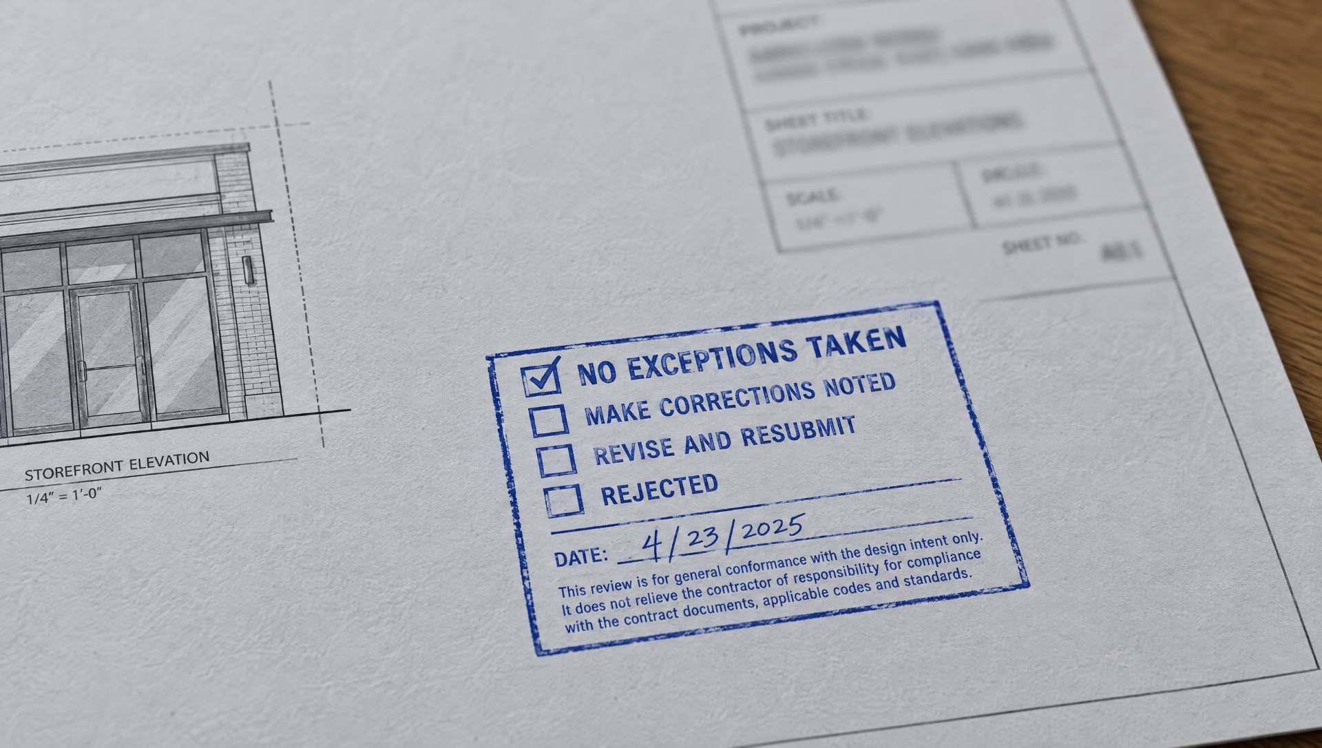 Architect review stamp on a shop drawing cover sheet with No Exceptions Taken checked, the stamp a PM receives in the submittal process