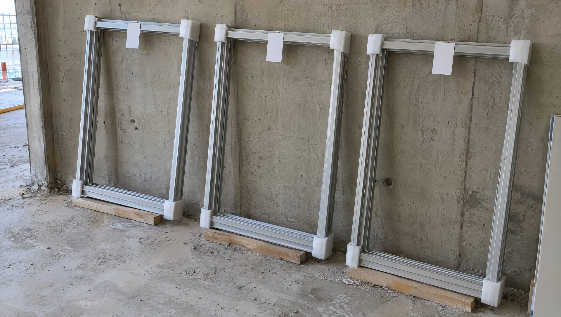 Three preassembled aluminum storefront frames with edge protectors and tags staged against a wall on the jobsite before installation