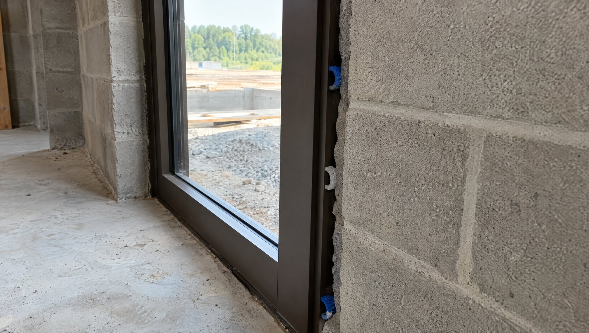 Dark bronze aluminum storefront jamb set in a concrete block rough opening with horseshoe shims at three points in the gap, checking the opening against construction tolerances
