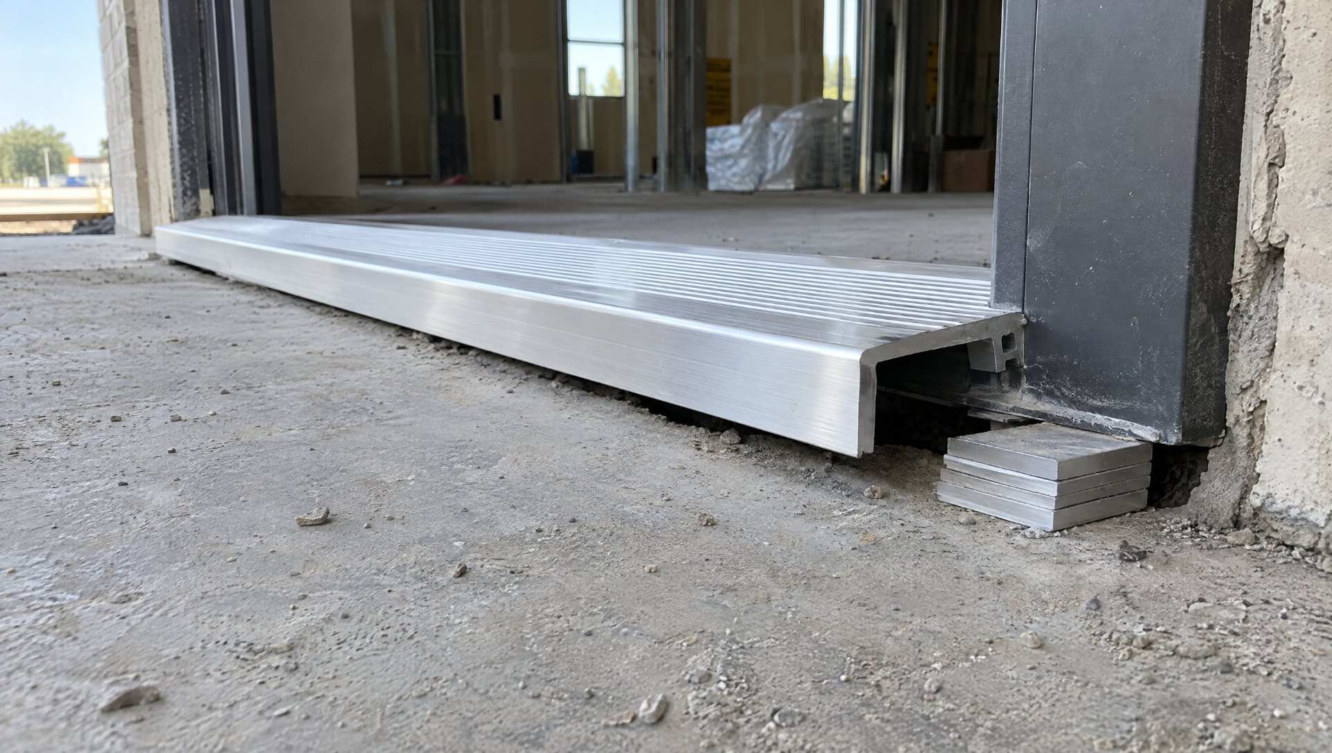 Aluminum saddle threshold for a storefront entrance shimmed at one end over an out-of-level concrete slab at the rough opening